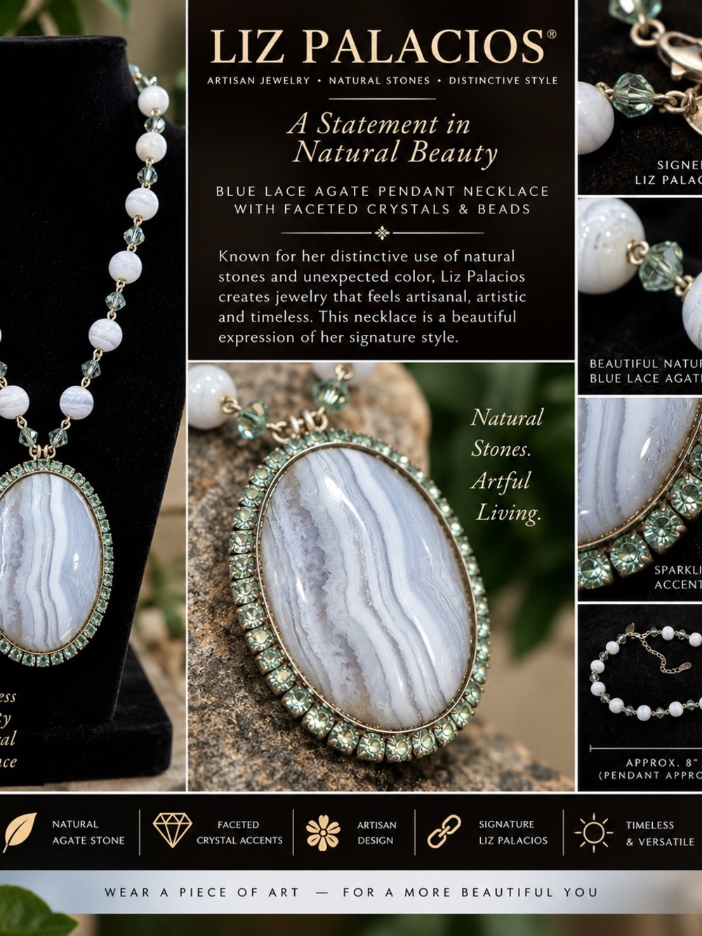 Liz Palacios SF Banded Agate with Green Crystals Statement Pendant Necklace